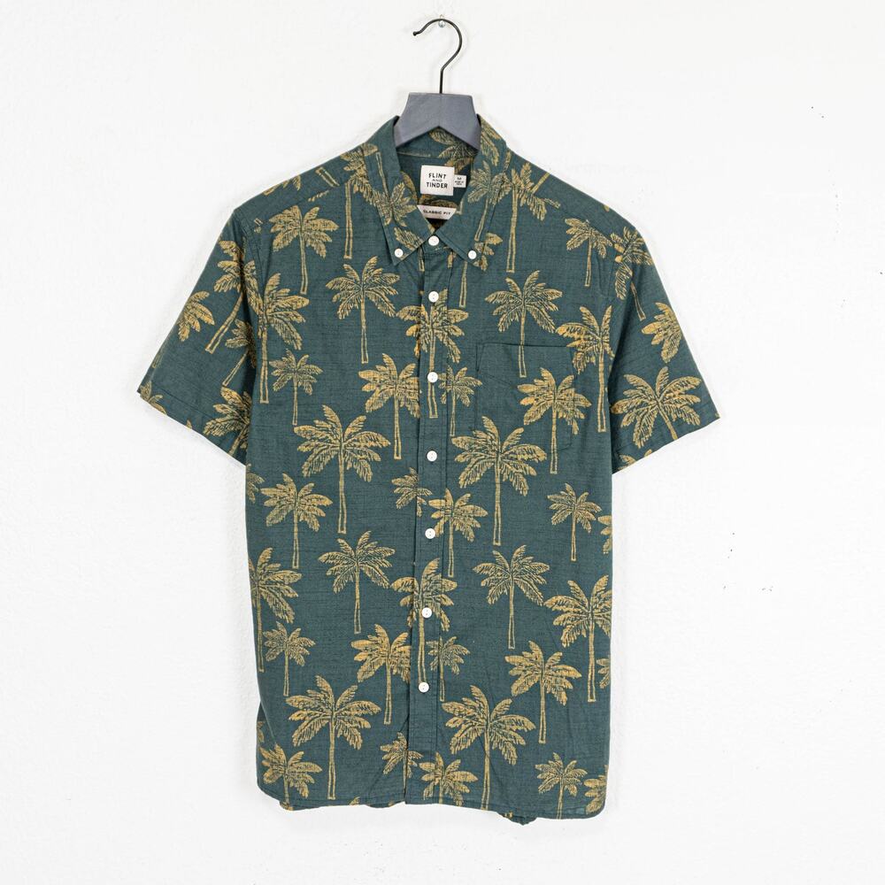Flint and Tinder Classic Slub Palm Short Sleeve Shirt Green sz Medium